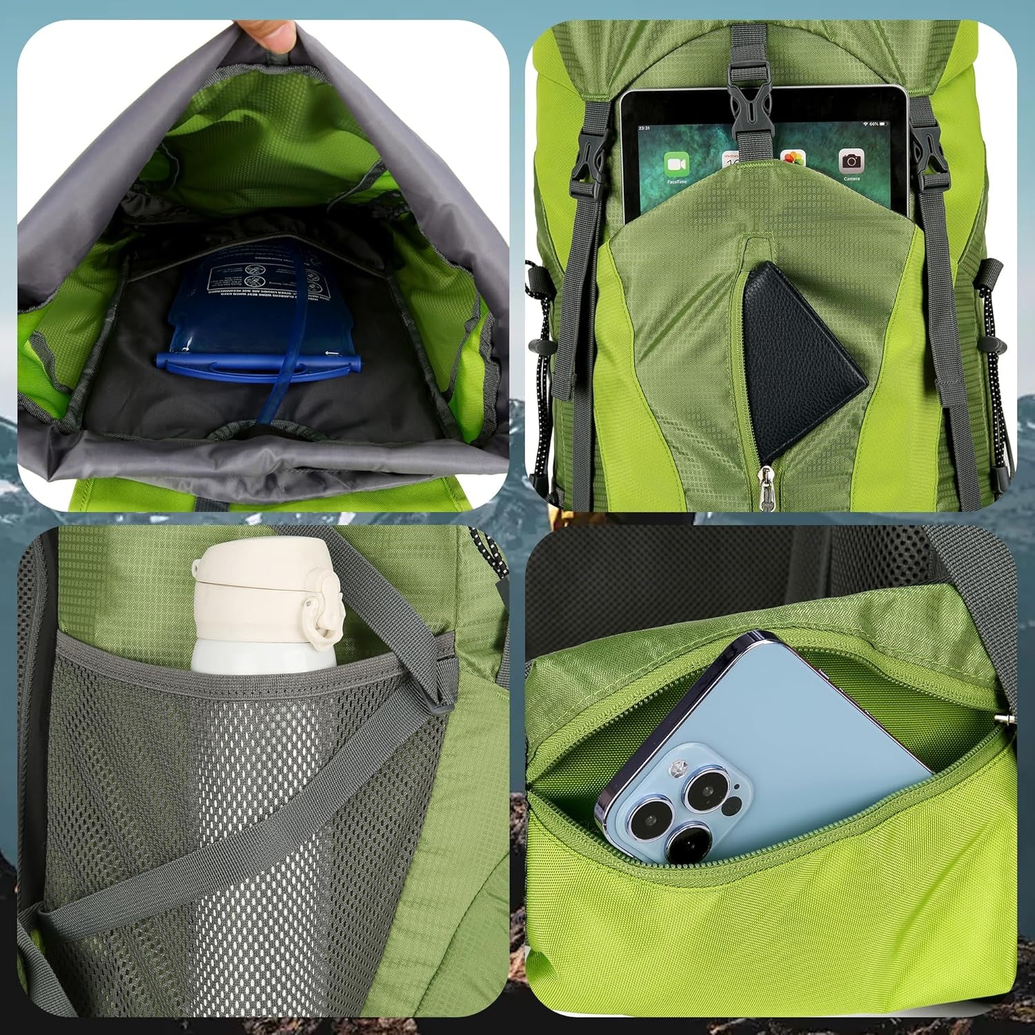 75L Waterproof Hiking Backpack with Rain Cover and Shoe Compartment for Men and Women, Frameless Design