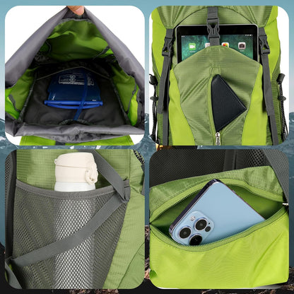 75L Waterproof Hiking Backpack with Rain Cover and Shoe Compartment for Men and Women, Frameless Design