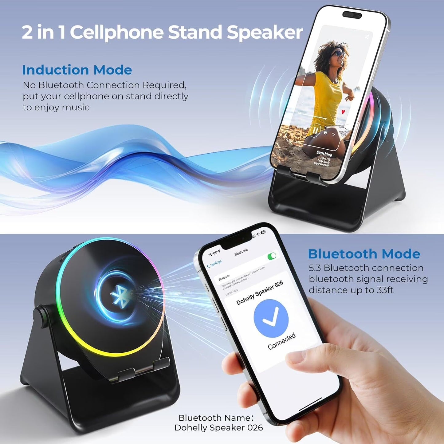 Wireless Induction Speaker with Phone Stand ,5 in 1 Bluetooth Speaker Amplifier Stereo Sound, RGB Ambient Light, 360° Adjustable Phone Holder Compatible with Iphone/Ipad/Android