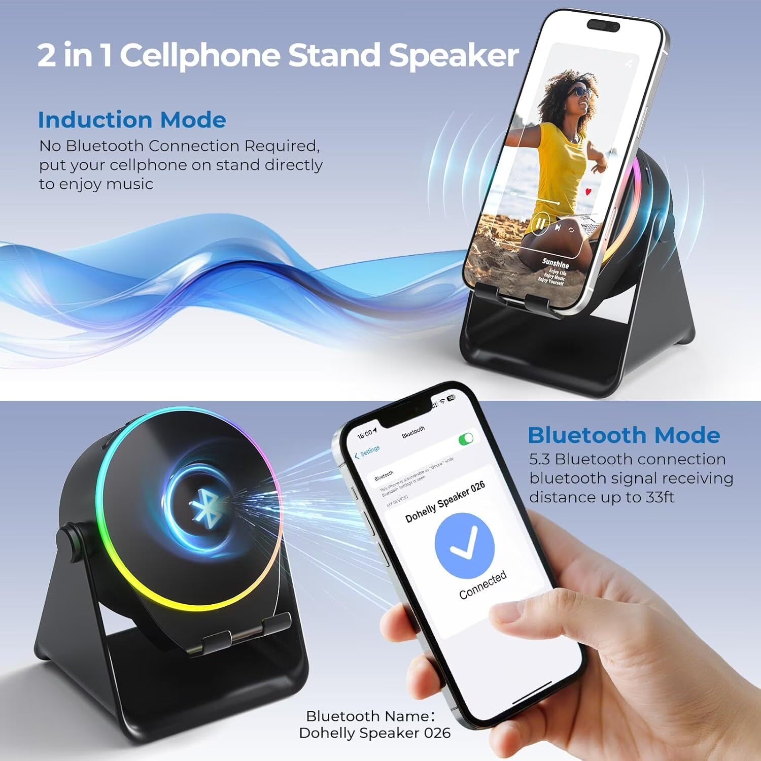 Wireless Induction Speaker with Phone Stand ,5 in 1 Bluetooth Speaker Amplifier Stereo Sound, RGB Ambient Light, 360° Adjustable Phone Holder Compatible with Iphone/Ipad/Android