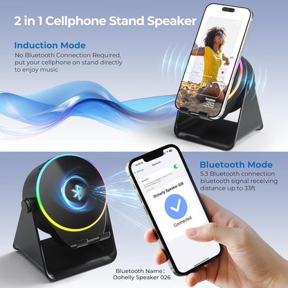Wireless Induction Speaker with Phone Stand ,5 in 1 Bluetooth Speaker Amplifier Stereo Sound, RGB Ambient Light, 360° Adjustable Phone Holder Compatible with Iphone/Ipad/Android
