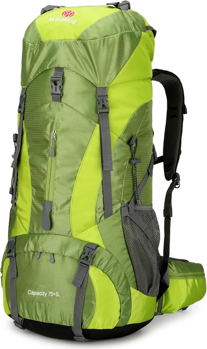 75L Waterproof Hiking Backpack with Rain Cover and Shoe Compartment for Men and Women, Frameless Design