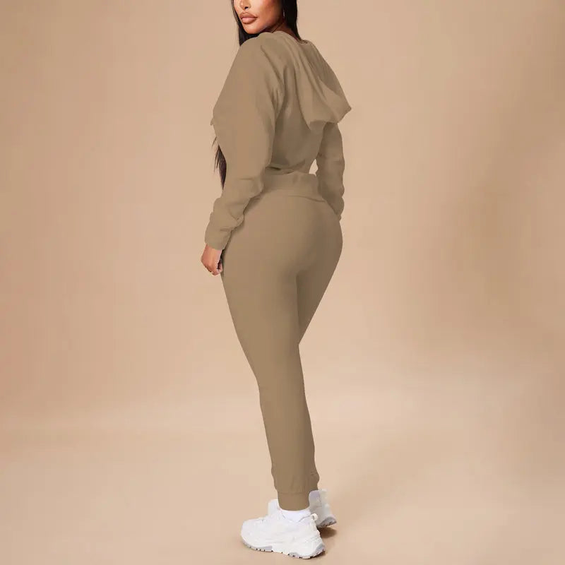 Women's Solid Color 2-Piece Set Zip Pocket Drawstring Hooded Crop Top & Slim Fit Pocket Pants - Ribbed Detail Casual Outfit Cjdropshipping