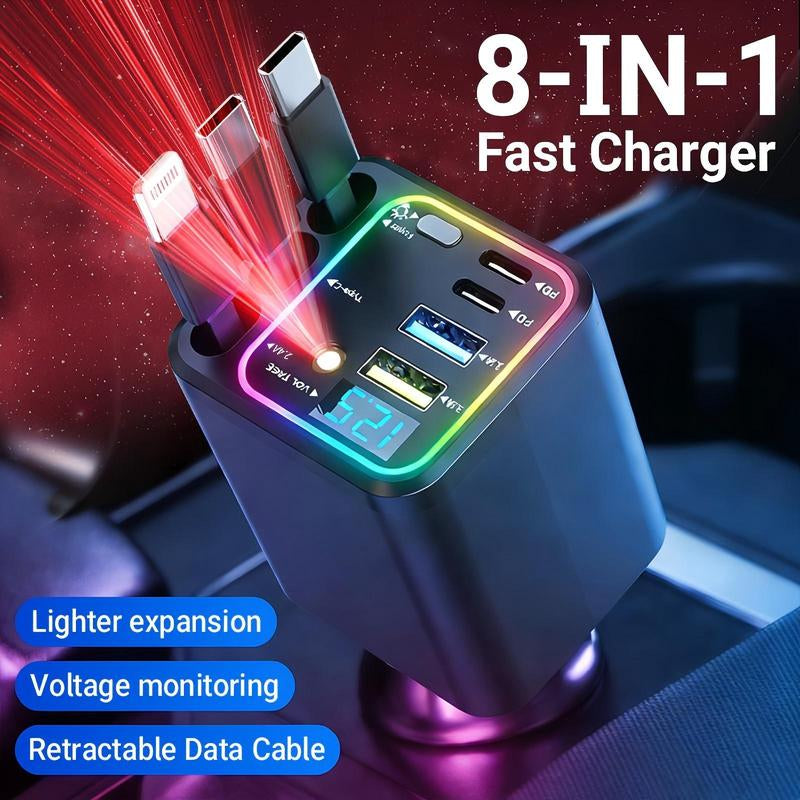 8-In-1 Ultimate Car Charger! Level up Your Drive with 60W Starlight Projection, Retractable Cables for Zero Mess, and 3.1A Fast Charging. Real-Time Voltage Monitoring Keeps Your Ride Safe. Must-Have Car Gadget for 2026!