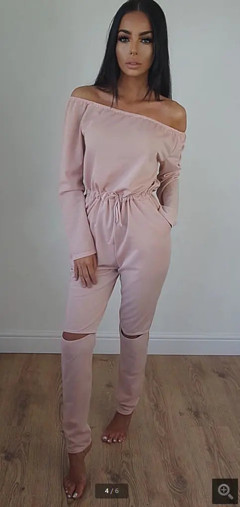 Off-Shoulder Ripped Jumpsuit