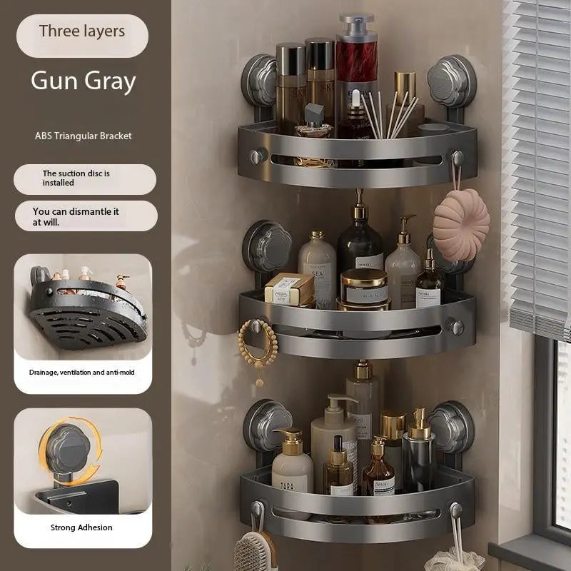 3-Pack Gun Gray Plastic Triangle Suction Cup Shower Caddy 3-Tier Corner Shelves No Drilling Bathroom Storage Rack 40Lbs Load Capacity