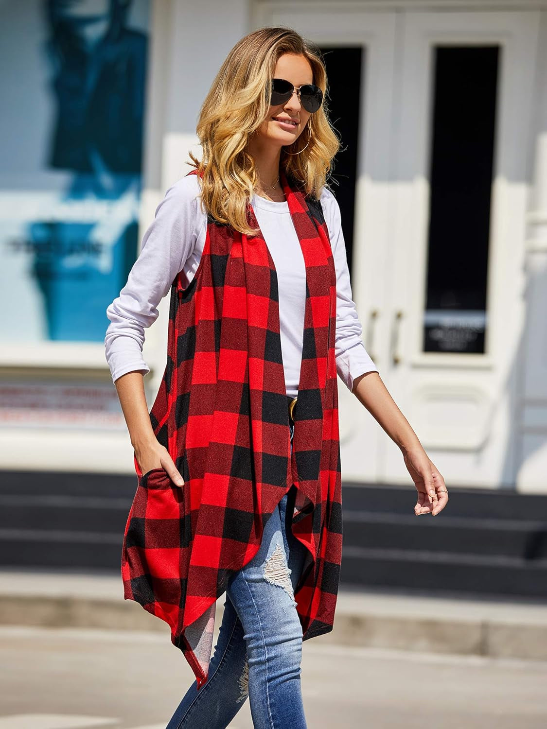 Women's Plaid Sleeveless Duster Cardigan with Pockets - Lightweight Open Front Vest Coat