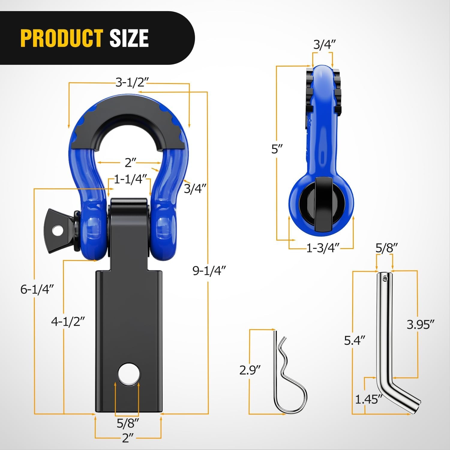 Heavy-Duty Shackle Hitch Receiver with 2-Inch Compatibility, 45,000 lbs Breaking Strength, 3/4" D Ring Trailer Pin, Solid Recovery Towing Kit for Trucks and Off-Road Vehicles