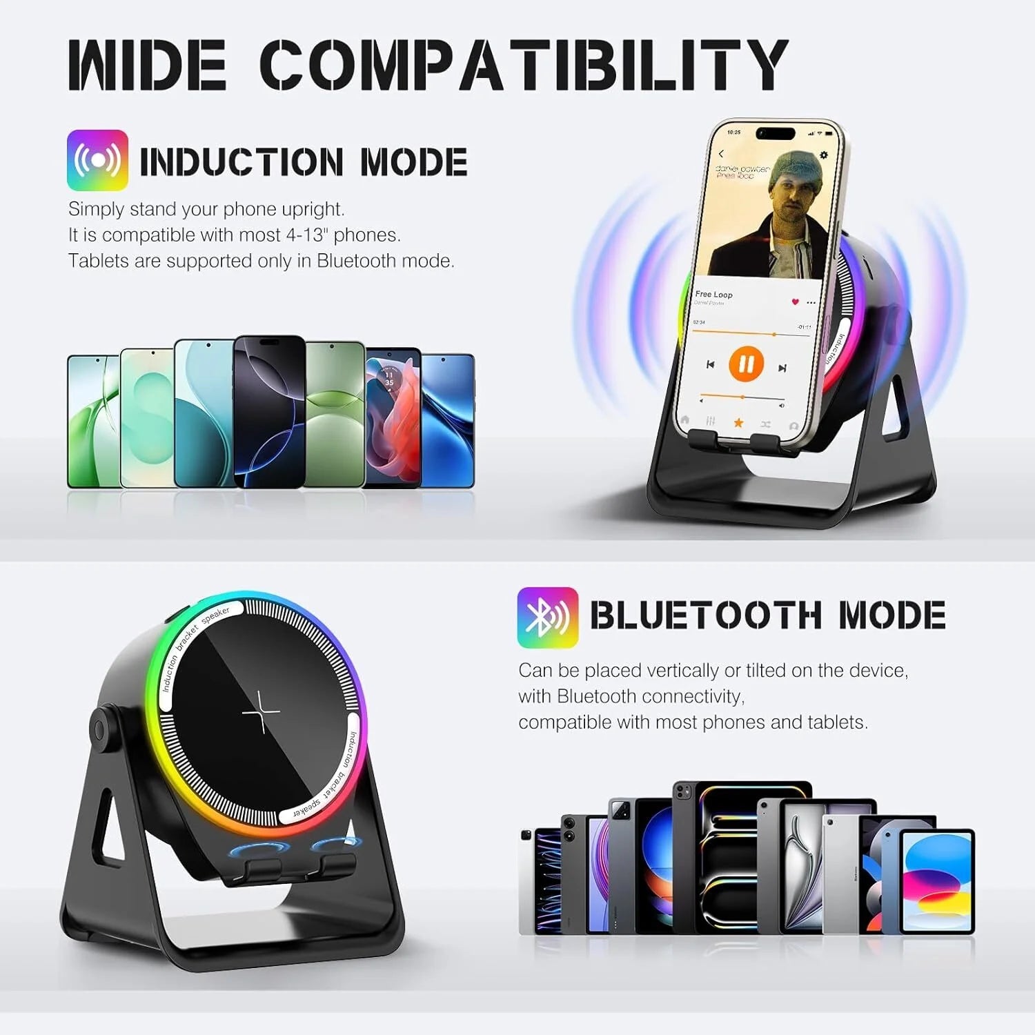 Wireless Induction Speaker with Phone Stand ,5 in 1 Bluetooth Speaker Amplifier Stereo Sound, RGB Ambient Light, 360° Adjustable Phone Holder Compatible with Iphone/Ipad/Android