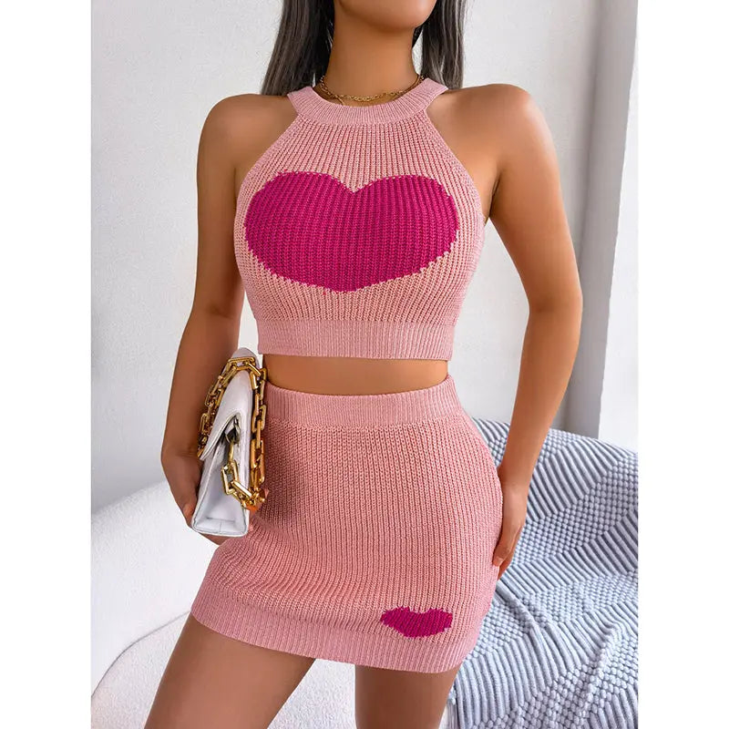 Women's 2 Piece Heart Knit Outfits Backless Halter Crop Tops & Mini Bodycon Skirt - New Era Fashion LLc