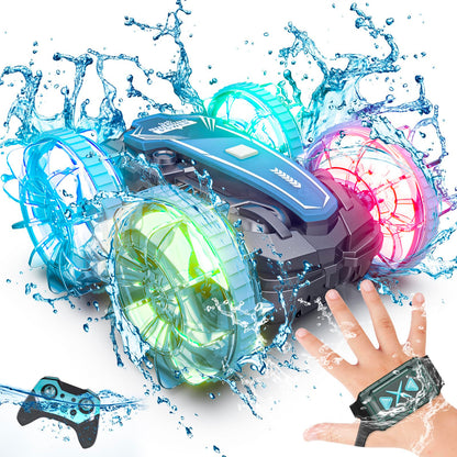 Tecnock Amphibious Remote Control Car Boat 4WD Gesture RC Car with Waterproof Remote Control RC Stunt Car with LED Lights Pool Toys for Kids Ages 8-12 Toys Gifts for Boys Girls