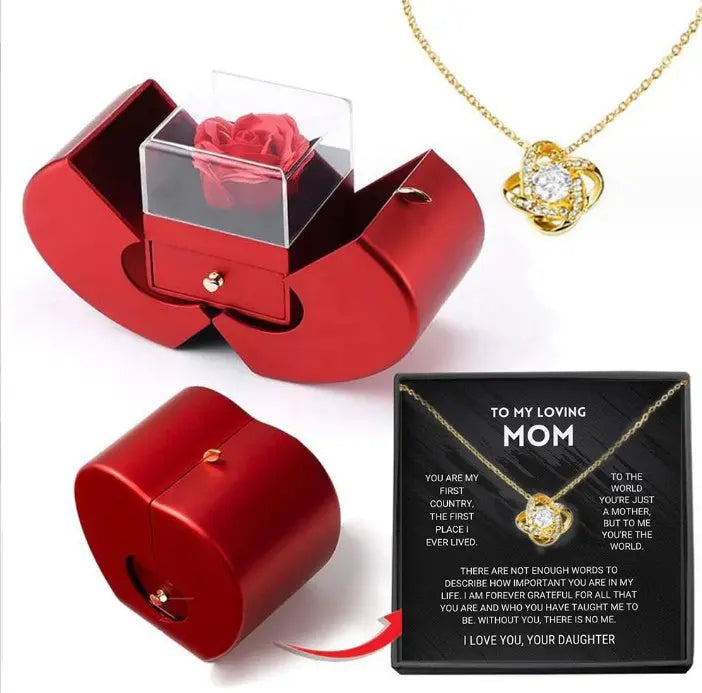 Fashion Jewelry Box Red Apple Christmas Gift Necklace Eternal Rose For Girl Mother's Day Valentine's Day Gifts With Artificial Flower Rose Flower Jewelry Box - New Era Fashion LLc