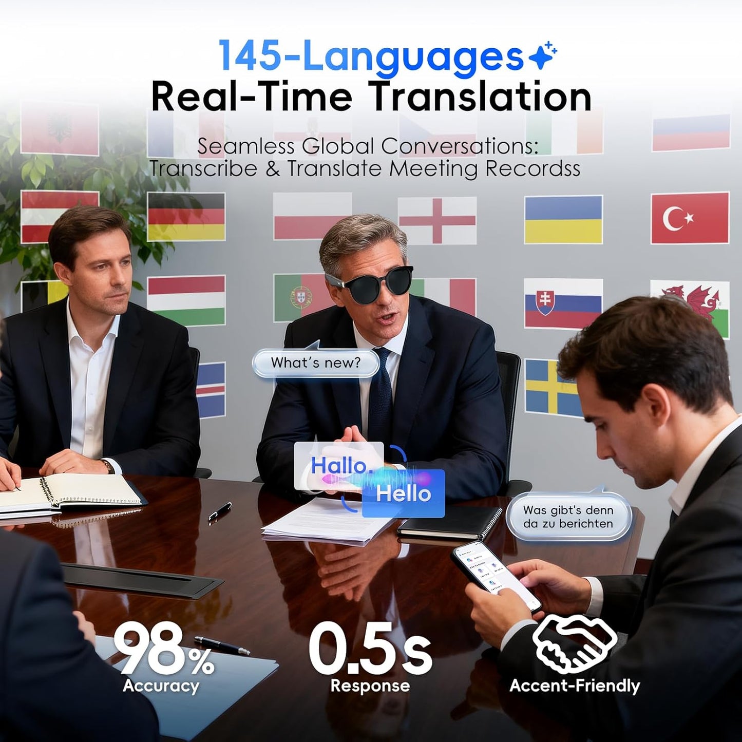 AI Smart Glasses for Men and Women, Low Bridge Fit, 74-Language Real-Time Translator Powered by Chatgpt - Bluetooth 5.4 with 11H Playtime, Polarized Sunglasses for Travel, Driving, Daily Use