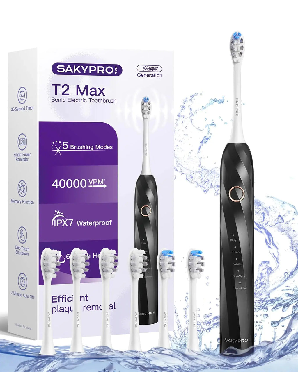 SAKYPRORAL 40000 VPM Electric Toothbrush for Adults & Kids - Ultra Whitening Sonic Toothbrushes – 5 Modes with Smart Timer – 70-Day Long-Lasting Rechargeable Toothbrush 6 Soft Brush Heads (T2 Max) Zendrop