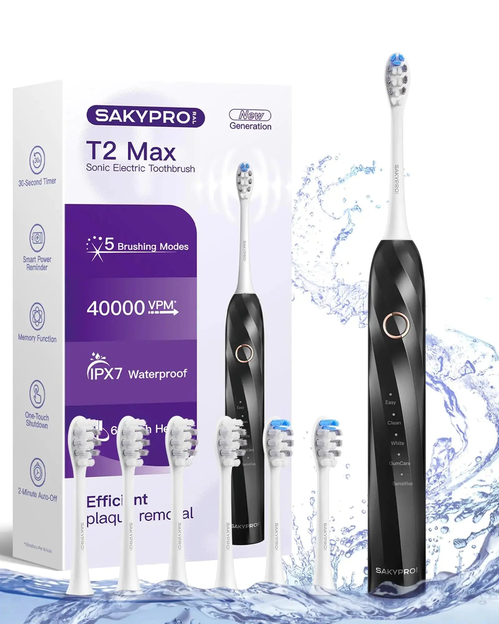 SAKYPRORAL 40000 VPM Electric Toothbrush for Adults & Kids - Ultra Whitening Sonic Toothbrushes – 5 Modes with Smart Timer – 70-Day Long-Lasting Rechargeable Toothbrush 6 Soft Brush Heads (T2 Max) Zendrop