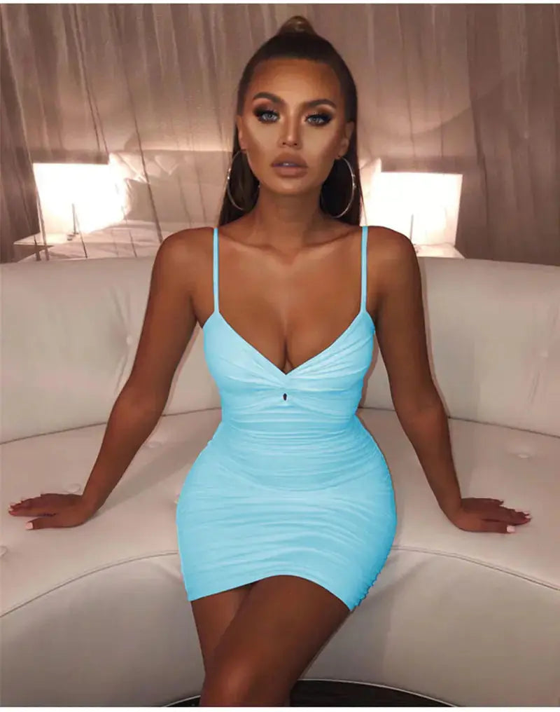 Sexy Ruched Bodycon Mini Dress with Deep V Neck Zendrop