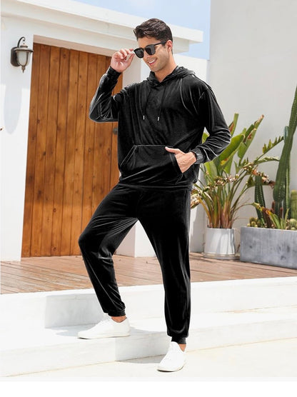 LecGee Velour Tracksuit Mens 2 Piece Velvet Hoodies Jacket Drawtsring Waistband Sweatpants Sweatsuits Set Casual Outfits