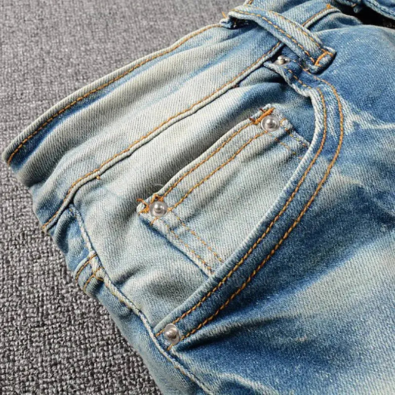 Men Leather Stars Patches Jeans Streetwear Slim Skinny Stretch Denim Pencil Pants Holes Ripped Patchwork Tapered Trousers Dropshipman