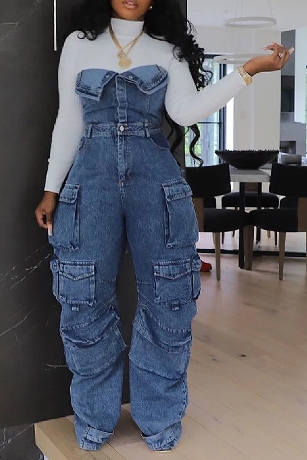 Plus Size Fashion Streetwear Denim Jumpsuit Women's Loose Pants Jumpsuit Plus Size Multi-pocket Strapless Jeans Dropshipman