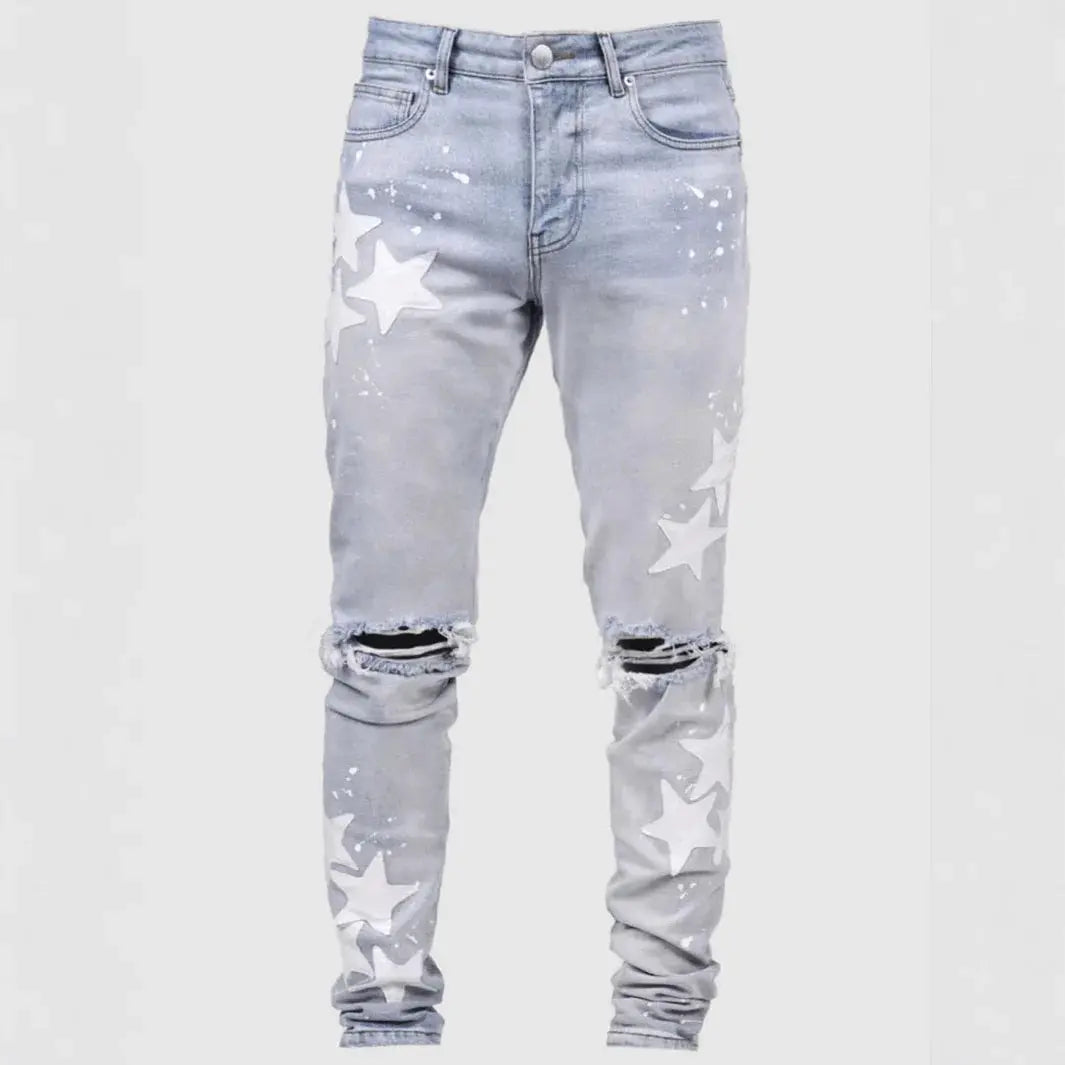 Ripped Men Jeans Denim Pant Star Mid Waist Slim Fit Vintage Wash Punk Style Skinny Pencil Pants Distressed Holes Ankle Length Dropshipman