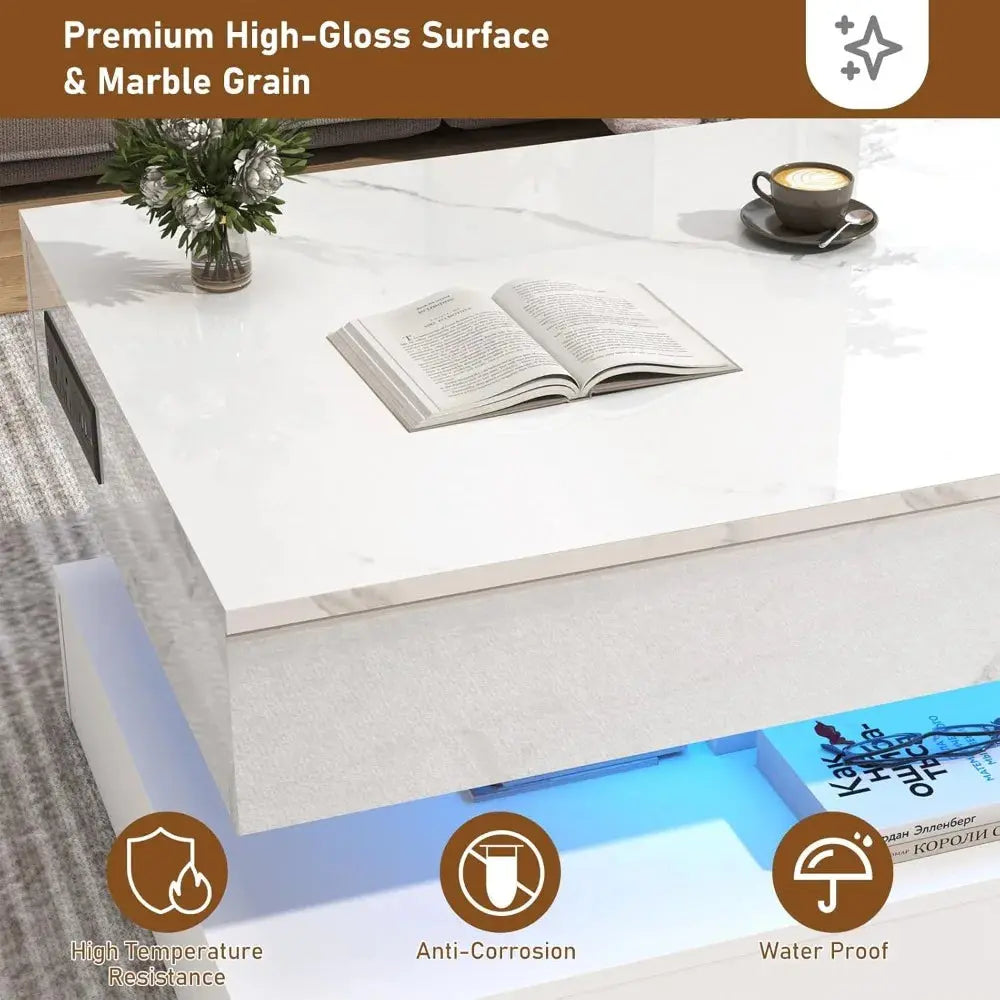 47.2" Large Lift Top Coffee Table, Modern LED High Glossy Coffee Table with Charging Station, Lights, Lift Center Tables Dropshipman