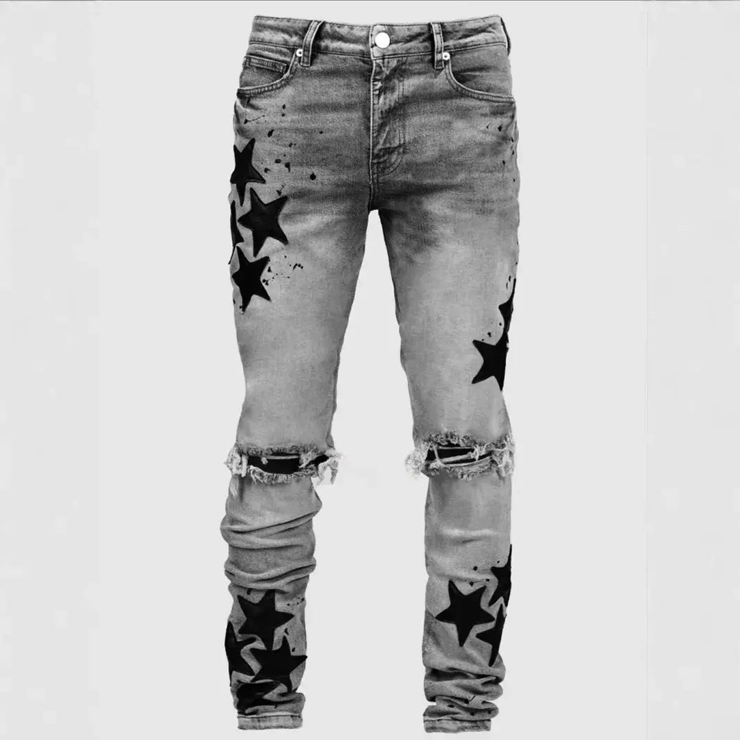 Ripped Men Jeans Denim Pant Star Mid Waist Slim Fit Vintage Wash Punk Style Skinny Pencil Pants Distressed Holes Ankle Length Dropshipman