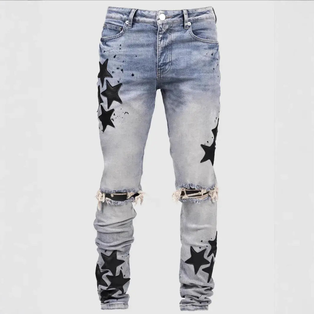Ripped Men Jeans Denim Pant Star Mid Waist Slim Fit Vintage Wash Punk Style Skinny Pencil Pants Distressed Holes Ankle Length Dropshipman