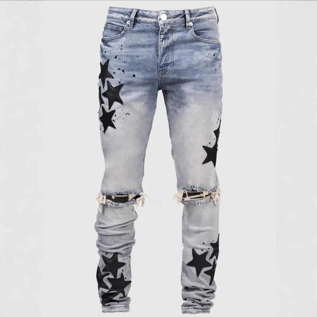 Ripped Men Jeans Denim Pant Star Mid Waist Slim Fit Vintage Wash Punk Style Skinny Pencil Pants Distressed Holes Ankle Length Dropshipman