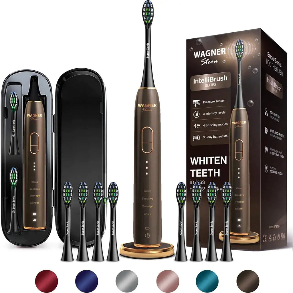 Wagner Stern IntelliBrush Series Whitening Electric Toothbrush with Pressure Sensor. Offers 4 Brushing Modes 3 intensities 8 Soft Brush Heads and a Luxury Travel case. Zendrop