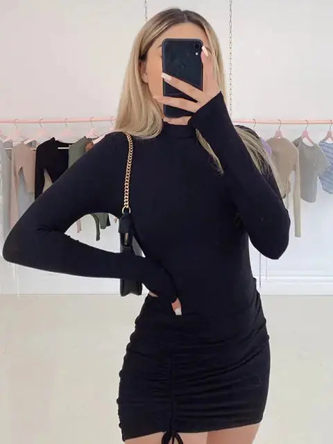 Black Turtleneck Ruched Bodycon Mini Dress for Women Zendrop