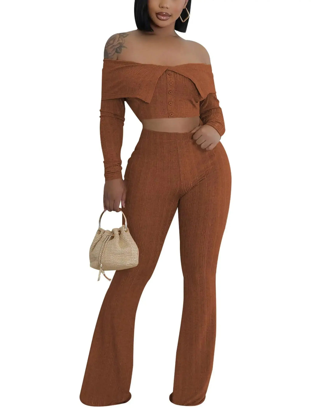 Mintsnow 2 Piece Outfits for Women Sexy Off Shoulder Crop Tops Shirts High Waist Flared Pant Sets Club Outfits Tracksuit Brown S Zendrop