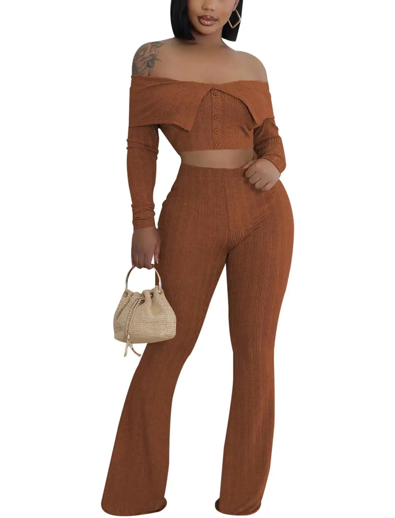 Mintsnow 2 Piece Outfits for Women Sexy Off Shoulder Crop Tops Shirts High Waist Flared Pant Sets Club Outfits Tracksuit Brown S Zendrop
