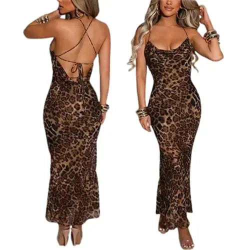 QIISEVEN Womens Leopard Print Dress V Neck Maxi Dress Spaghetti Strap Dress Sexy Bodycon Y2K Dress Backless Long Dress (Leopard PrintSSmall) Zendrop