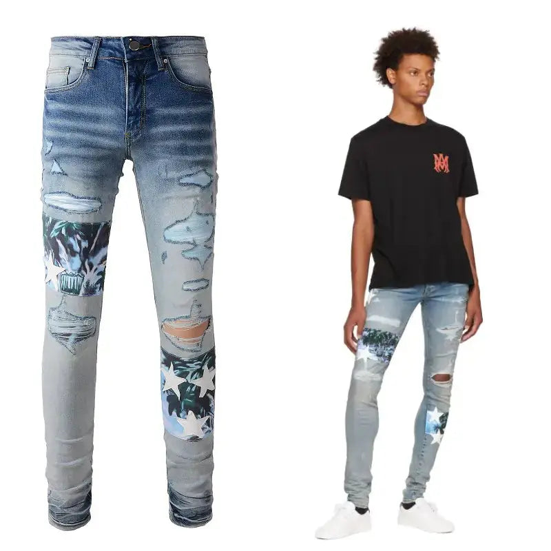 White Star Printed Torn Jeans for Men Zendrop