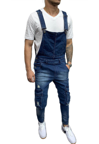 HUNGSON Denim Bib Overalls for Men Slim Fit Jumpsuit with Pockets Fashion Retro(DarkBlue with pocket2XL)