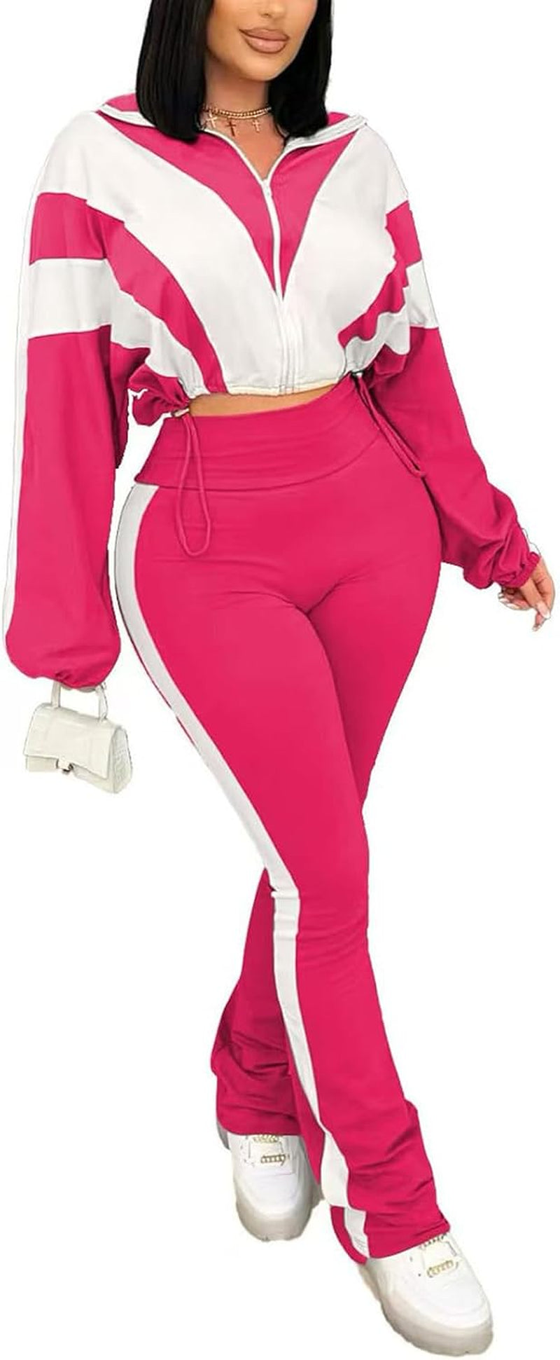 Women's 2-Piece Color Block Long Sleeve Cropped Jacket and Bodycon Pants Set