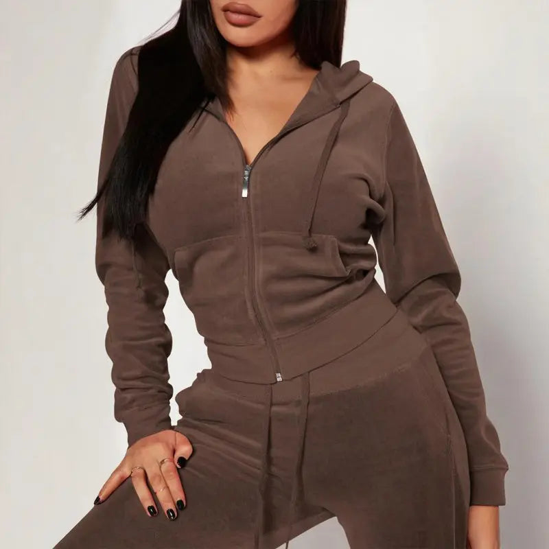Women's Solid Color 2-Piece Set Zip Pocket Drawstring Hooded Crop Top & Slim Fit Pocket Pants - Ribbed Detail Casual Outfit Cjdropshipping