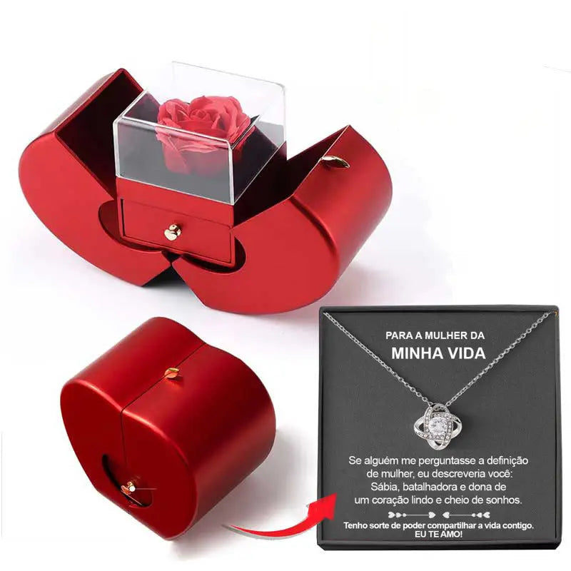 Fashion Jewelry Box Red Apple Christmas Gift Necklace Eternal Rose For Girl Mother's Day Valentine's Day Gifts With Artificial Flower Rose Flower Jewelry Box - New Era Fashion LLc