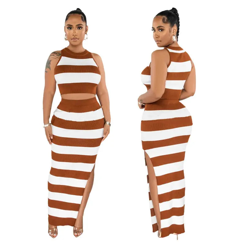 Striped Printed Slit Skirt Two-piece Suit Cjdropshipping