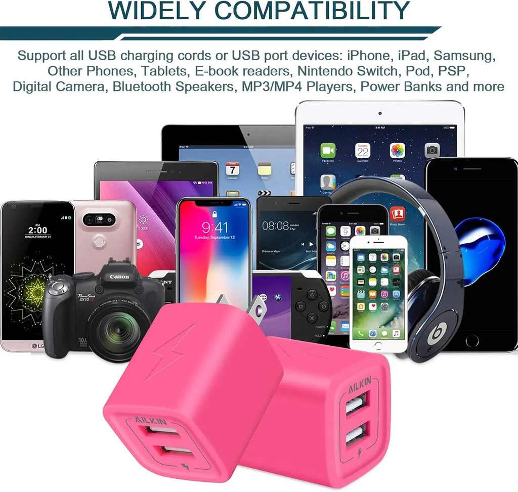 Wall Charger,  USB Plug Fast Charging Block, Power Adapter Cube 2 Port Charge Travel Brick Cell Quick Chargers Box for Iphone Samsung Galaxy USB Box Base Brick