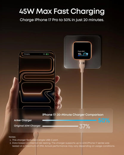 Smart Display Charger, Nano USB C Charger Block, 45W Max Gan Phone Charger,180° Foldable Plug,Smart Recognition,Built-In Care Mode,For Iphone17/16/15(Non-Battery,One USB-C Port,No Cable)