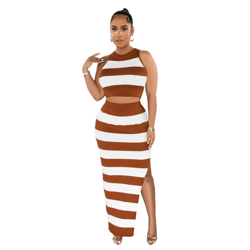 Striped Printed Slit Skirt Two-piece Suit Cjdropshipping
