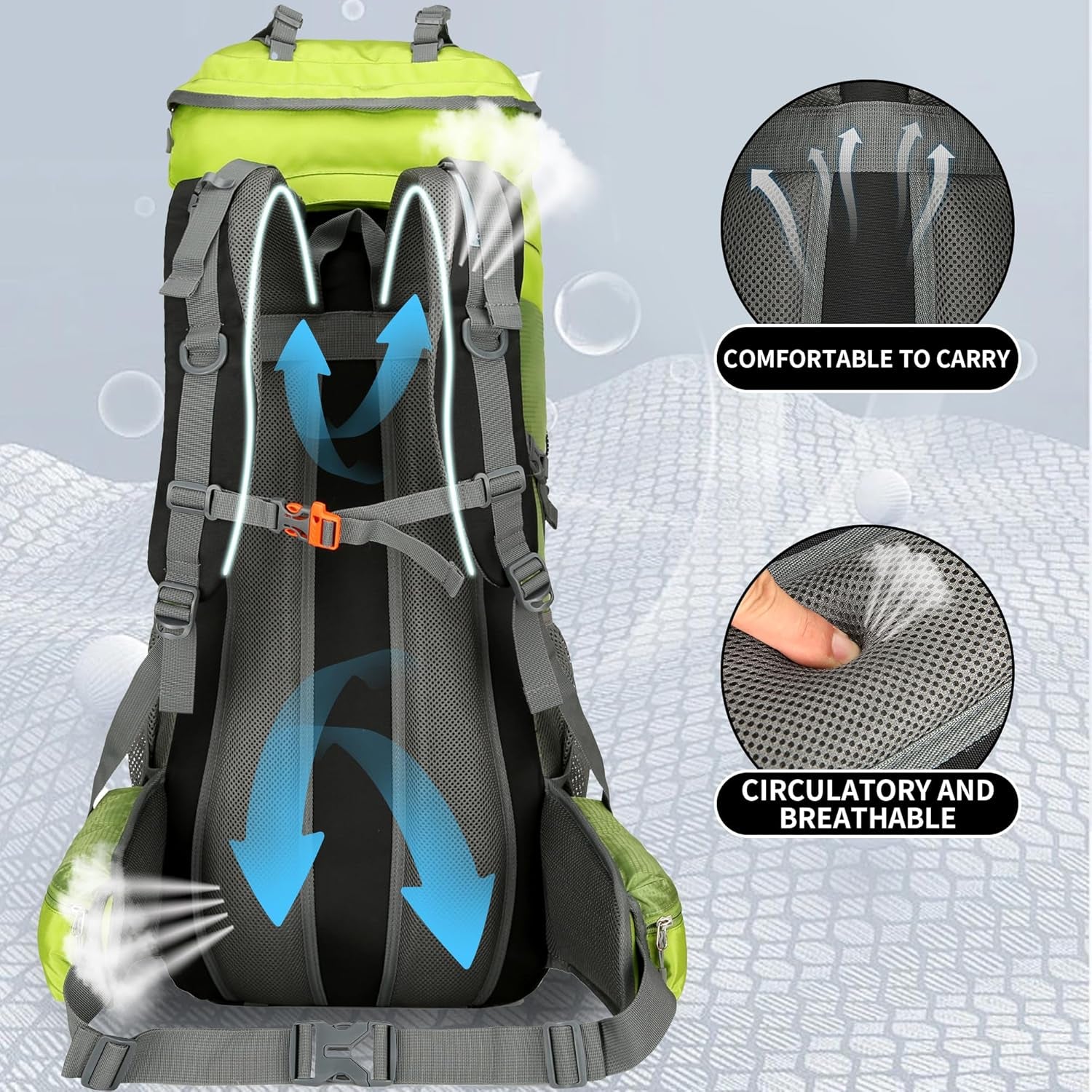 75L Waterproof Hiking Backpack with Rain Cover and Shoe Compartment for Men and Women, Frameless Design