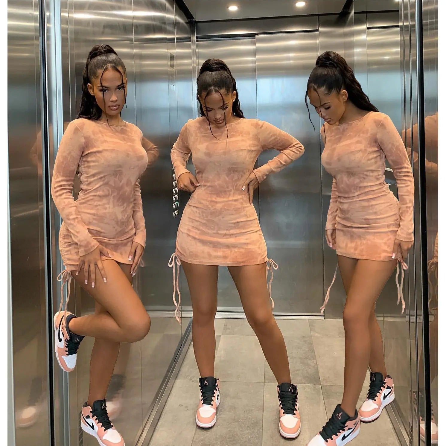 Fashion Pleated Digital Print Long Sleeve Dress Cjdropshipping