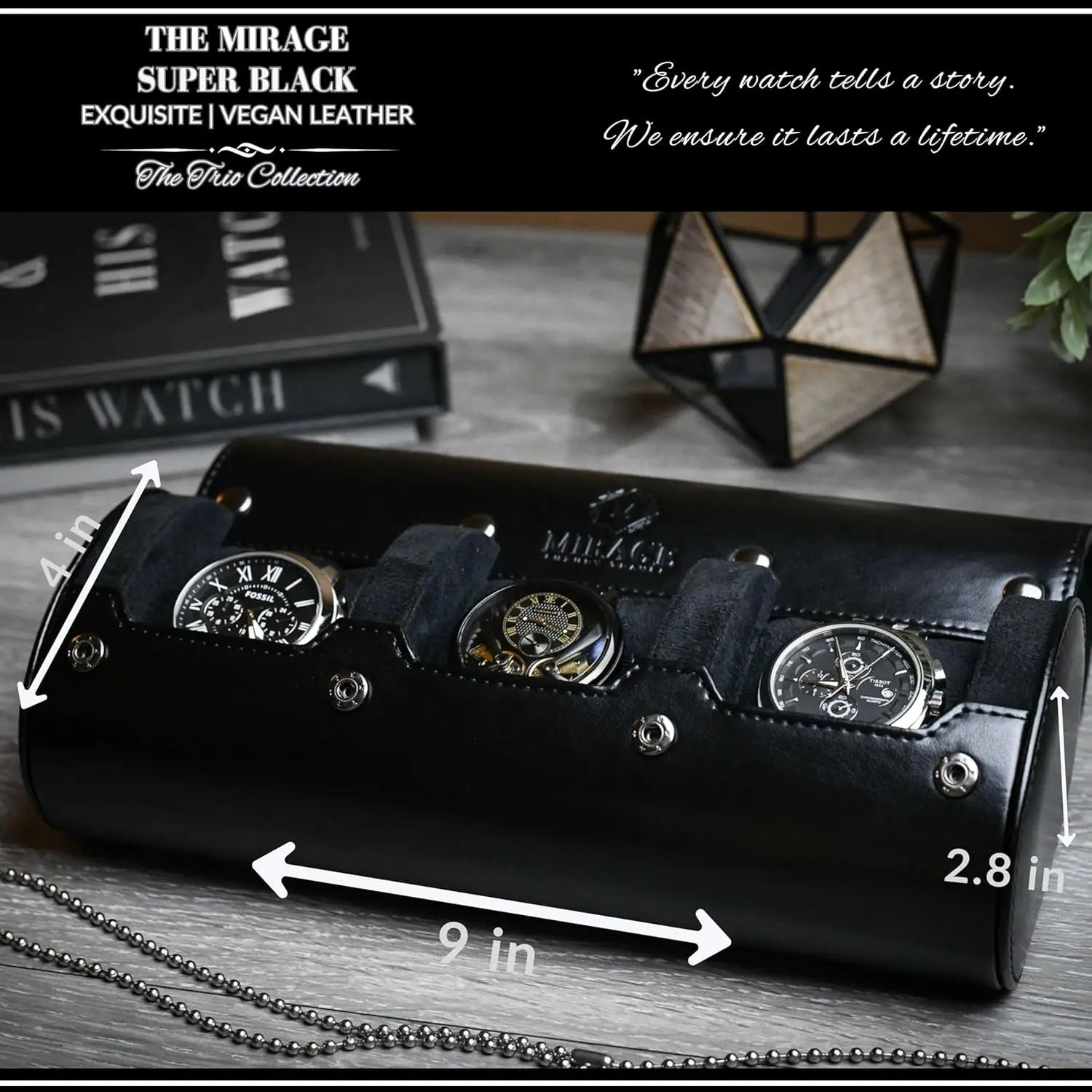 Travel Watch Case – 3 Watch Organizer Travel for Men - Watch Carrying Case Holder and Display - Super Black Motif Vegan Leather