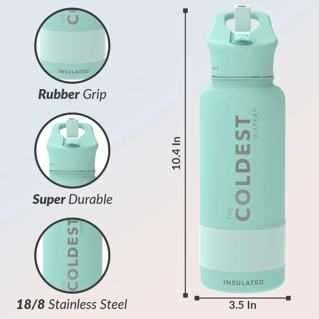 Coldest Insulated Water Bottle with Straw Lid - Stainless Steel Metal Insulated Bottle for Men & Women (Oceanic Green, 32 Oz)
