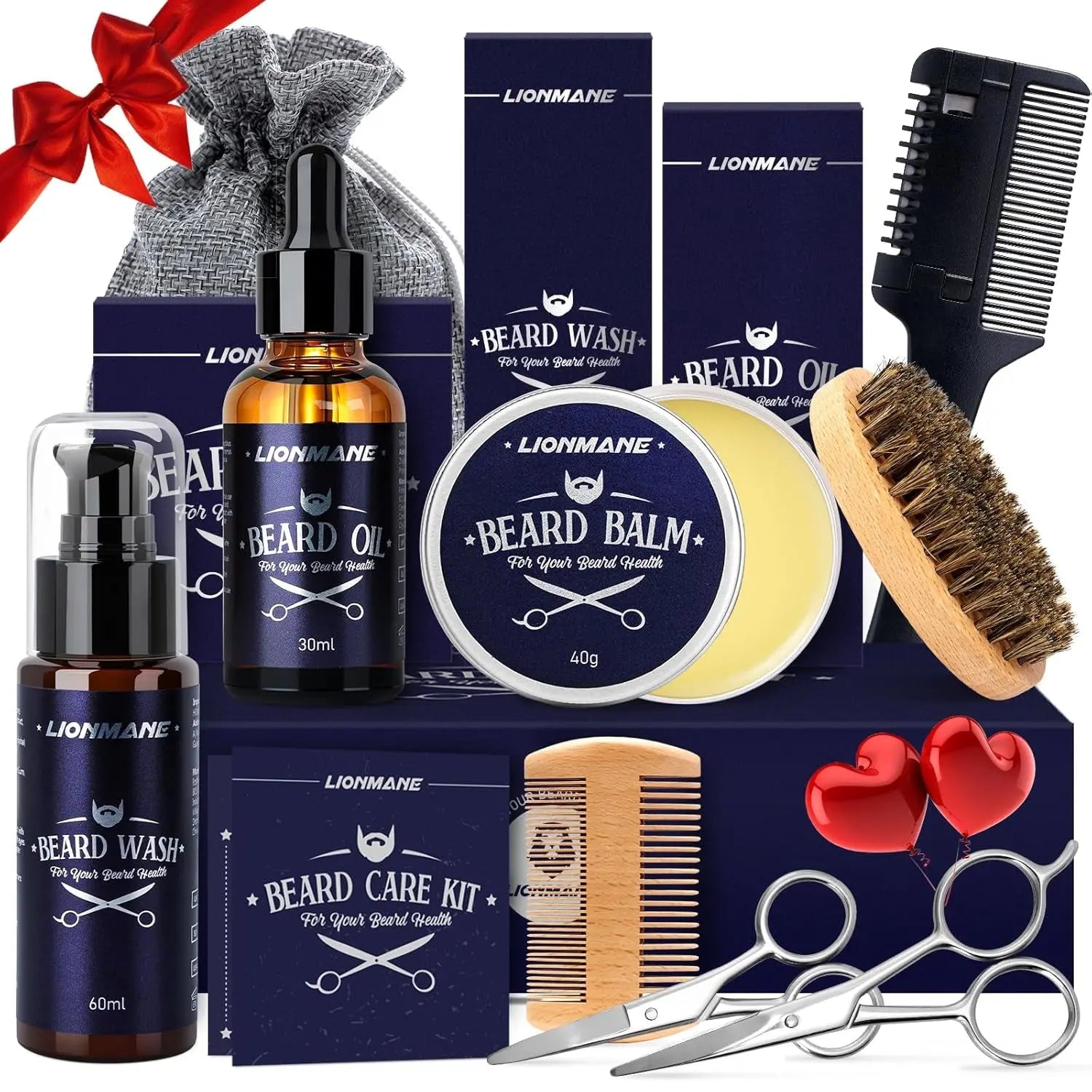 Valentine'S Day Beard Care Gifts Kit for Men, Beard Mustache Grooming Kit -Beard Balm, Beard Wash, Beard Oil, Brush, Scissors, Birthday Anniversary Daily Gifts for Husband/Boyfriend/Dad/Him