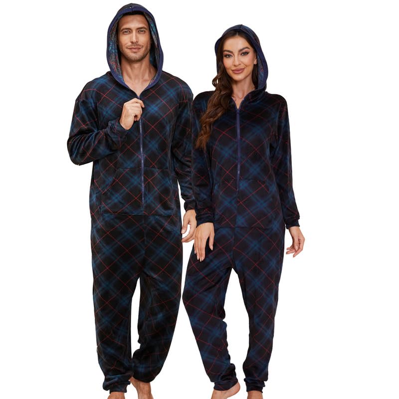 U2SKIIN Women Onesie Ultra-Soft Pajama Sets Hooded Zipper Soft Warm Jumpsuit(Blue Green Plaid M)