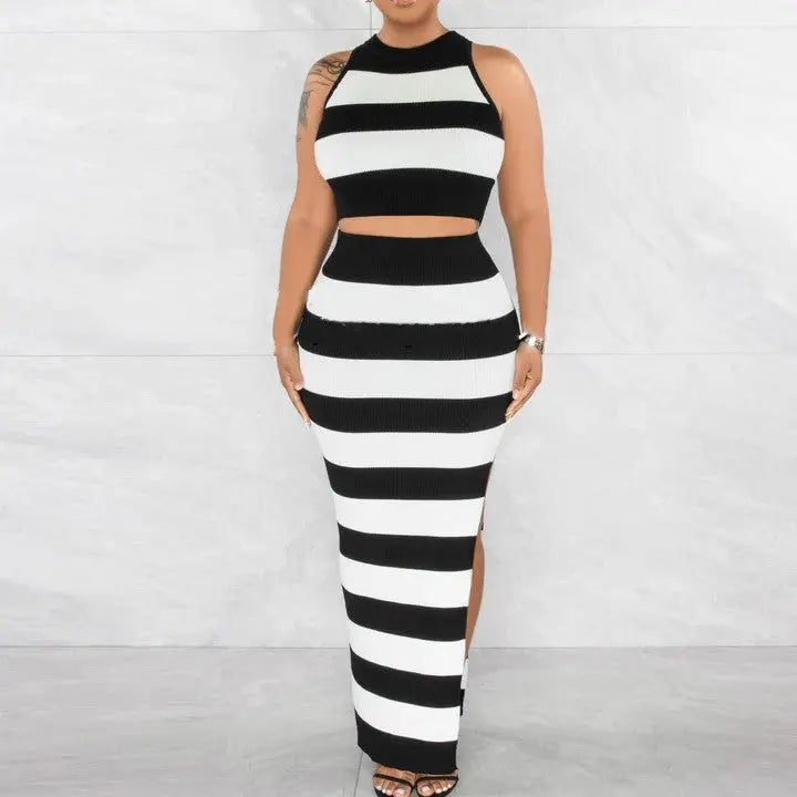 Striped Printed Slit Skirt Two-piece Suit Cjdropshipping
