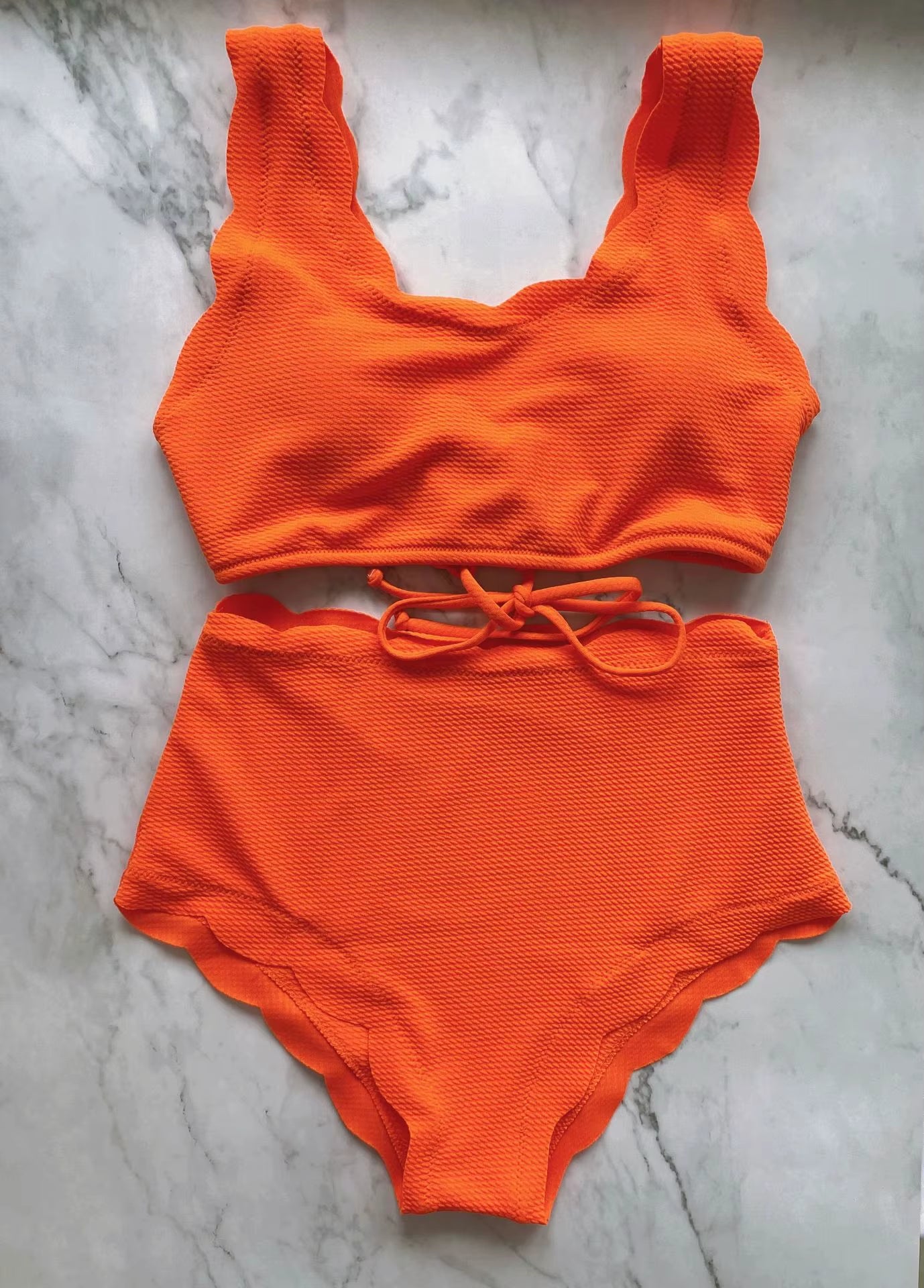 Solid Blue Two Pieces Swimsuit Bathing Suits Bikini Women Scalloped Textured High Waisted Bikini Set Lace up Bathing Suits XXL